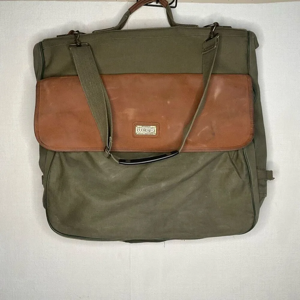 Vintage JEEP Wrangler Army Olive Green & Tan Canvas Garment Bag Travel Equipment